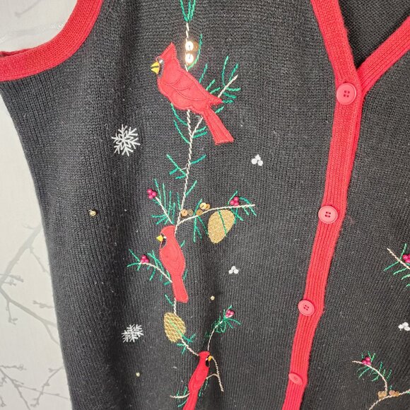 White Stag Cardigan Birds Embroidered Holidays Sweater Vest - Picture 2 of 5